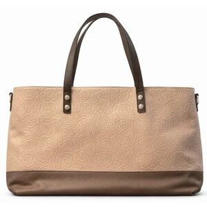 Jessica Simpson Floral Embossed Tote Bag Beige Brown Large Shoulder Bag